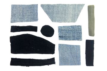 set of scraps of blue jeans piece texture isolated on white background.