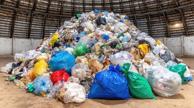 Large Heap of Mixed Waste and Rubbish in an Industrial Building with Various Colorful Plastic Bags