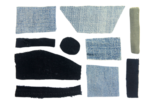 set of scraps of blue jeans piece texture isolated on white background.