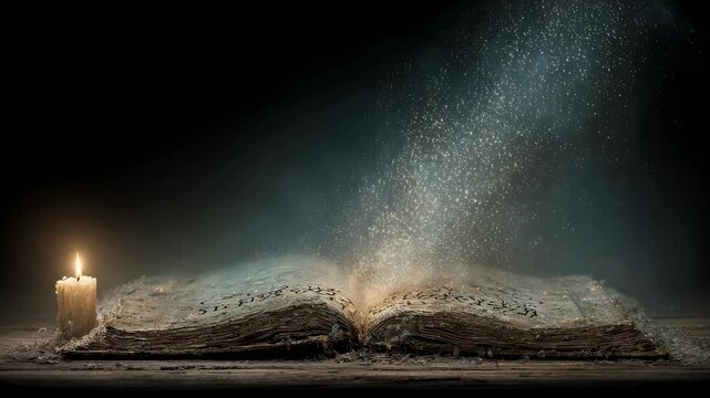 Magical open book emitting glowing particles with candle on dark background. Fantasy literature concept. Mystical storytelling and imagination for fairy tale or spell book.
