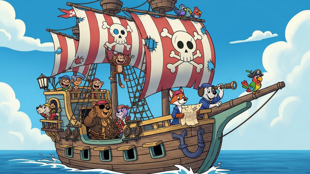 A Whimsical Animated Pirate Ship Adventure with Cartoon Animal Characters Navigating the High Seas