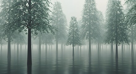 Naklejka premium Serene and mysterious flooded pine forest landscape with dense fog and calm water reflections