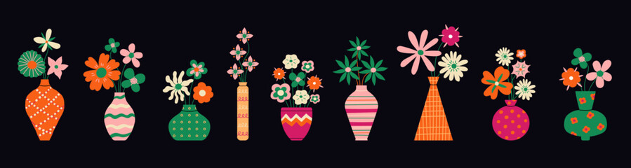 Colorful potted flowers set, isolated on a black background. Beautiful bouquets of flowers in vases illustration. Vector simple flat design. Flower shop concept. Naive hand drawn flowers
