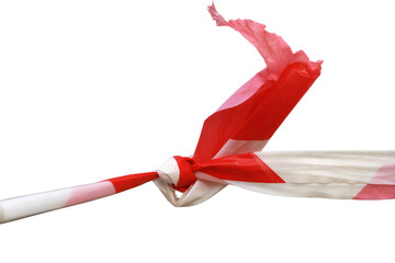 Red and white plastic rope, danger symbol isolated on white background.