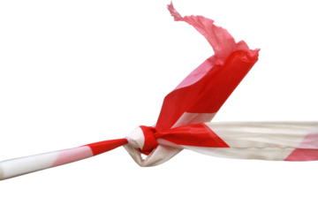 Red and white plastic rope, danger symbol isolated on white background.