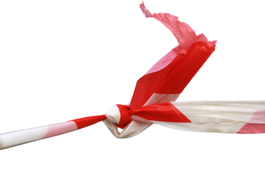 Red and white plastic rope, danger symbol isolated on white background.