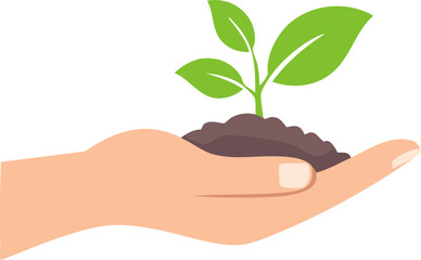 Gentle hand illustration with small green plant emerging from soil, non realistic style, simple color palette