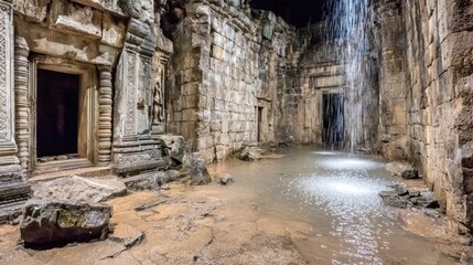 Ancient Ruins with Water Feature and Dramatic Lighting in Dark Stone Temple Interior