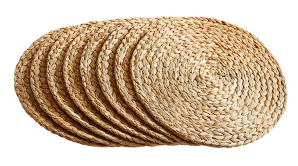 Stack of natural woven round placemats, adding rustic charm to any dining setting for a cozy meal isolated on white background 