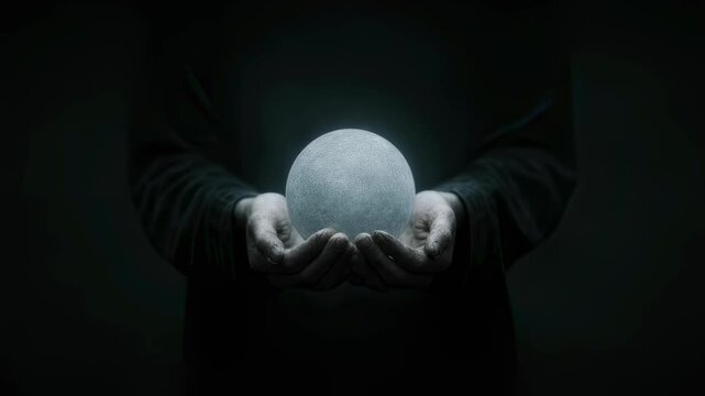 Hands holding glowing orb in dark. Mystical sphere of light. Magical energy ball concept. Fortune telling, divination, and psychic abilities visualization.