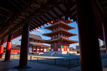 Five Storied Pagoda view from hall of Shitennoji Temple at autumn, Osaka