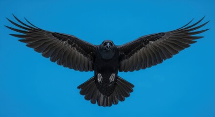 Majestic black bird in full flight against vibrant blue sky showcasing freedom