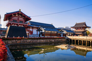Naklejka premium Shitennoji Temple with skyline reflection with autumn colors, Osaka