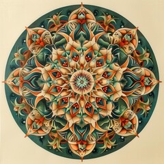 handdrawn mandala with geometric animals earth tones on center .