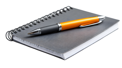 Stylish orange pen rests on a textured black notebook, ready for your next brilliant idea isolated on white background 