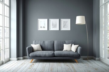 Fototapeta premium Modern gray living room with sofa and art
