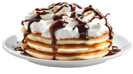 Indulgent stack of fluffy pancakes crowned with whipped cream and rich chocolate sauce isolated on white background 