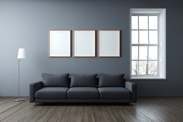 Gray room with sofa and framed art