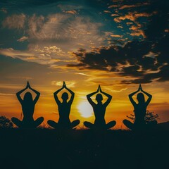 handdrawn yoga silhouettes with gradient sunset on figure .