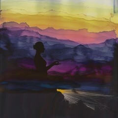 handdrawn yoga pose silhouettes with gradient sunset background blurred mountains on figure .