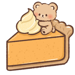 Cute kawaii bear hugging a big swirl of whipped cream on top of a rich slice of pumpkin pie in a sweet cozy autumn dessert illustration perfect for fall food themes and adorable seasonal artwork