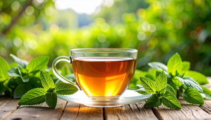 a Cup of herbal tea surrounded by leaves