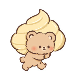 Cute kawaii brown bear carrying giant cream swirl dessert illustration adorable chubby teddy bear character design pastel food art for bakery kids room nursery wall decor and whimsical cartoon style