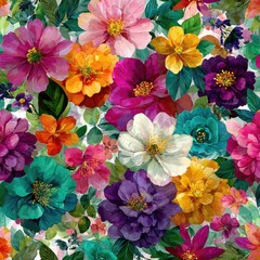 Vibrant floral pattern with large, detailed blooms in a mix of hot colors and white