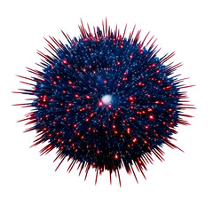 Abstract burst of radiating spiky elements with glowing red sparks on white, cut out transparent