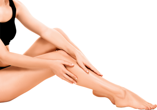 Female legs in black sportswear sitting and touching shin isolated on transparent. Concept of beauty, self-care, fitness, relaxation, and body awareness with elegant feminine style. - Powered by Adobe