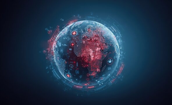 Global digital sphere, overlaid with red-toned data and icons, centered on a dark background.  Various icons, possibly medical or technological, float around and against the globe