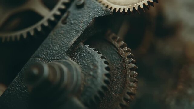 Antique clock mechanism close-up. Vintage gears and cogs in motion. Steampunk style mechanical parts. Industrial machinery concept for watchmaking and engineering