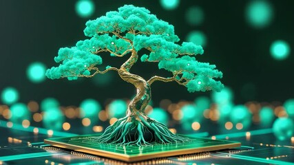 Digital bonsai tree with glowing green leaves and roots connected to electronic circuit board technology background in futuristic concept art - Powered by Adobe