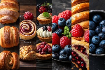 Assortment of pastries and berry desserts showcasing croissants, tarts, pies, and fresh blueberries