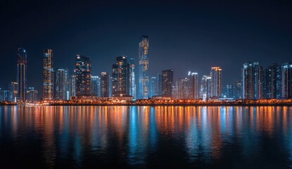 Naklejka premium Night cityscape reflecting on water