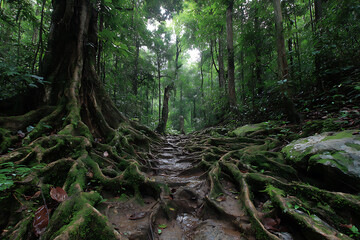 Lush green forest path with tree roots and foliage nature landscape scenic trail for hiking and trekking adventure