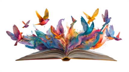 Books opening to release colorful birds of imagination