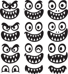 Monster Faces Set of Funny Cartoon Characters with Teeth