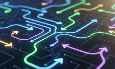 Glowing Arrows on Circuit Board Background Navigating Technology and Strategy in a Futuristic Maze