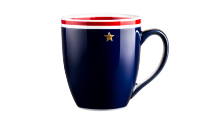 Glossy navy blue ceramic mug with gold star and red white stripes, cut out transparent