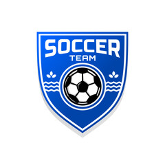 blue shield football logo badge with a soccer ball illustration. sport team logo vector template