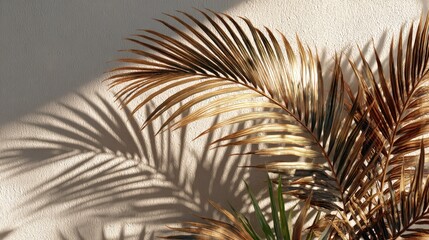 Fototapeta premium Dried palm fronds cast shadows on a light beige wall