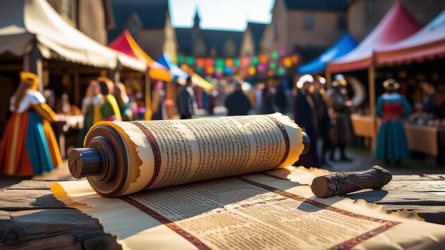 Ancient scroll on wooden table at medieval festival with colorful tents people in traditional costumes and lively outdoor historical atmosphere