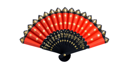 Red folding fan with black panels and gold star accents, cut out transparent