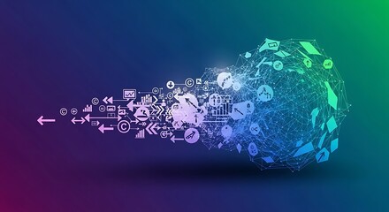 Abstract digital network with icons flowing from a connected sphere on colored background