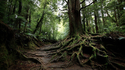 Fototapeta premium Beautiful forest landscape with roots of trees and green foliage nature photography wallpaper background