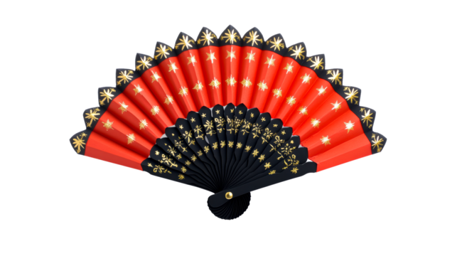 Red folding fan with black panels and gold star accents, cut out transparent