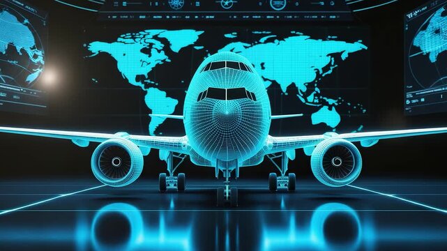 Futuristic digital airplane hologram with glowing blue lines in front of world map projection showing technology aviation and global transport - Powered by Adobe