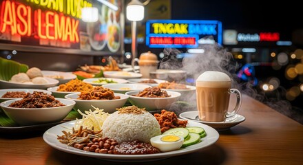 A nostalgic late-night street food experience, complete with comforting nasi lemak and a hot drink.