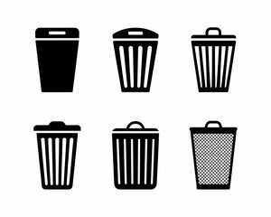Collection of six different trash can icons in black silhouette isolated on white background